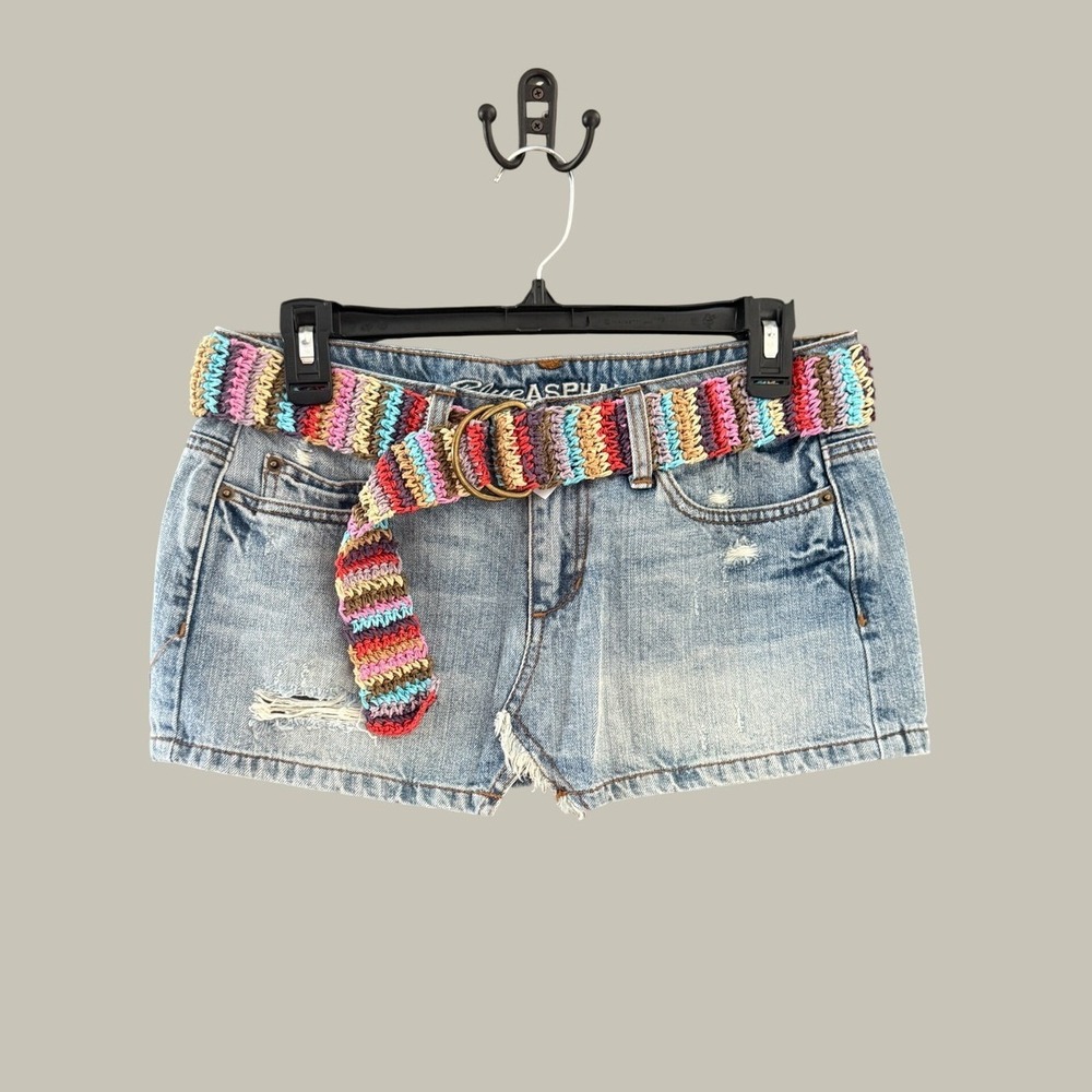 Blue Asphalt Vintage Y2k Distressed Denim Micro Mini Skirt Crochet Belt 7 NEW